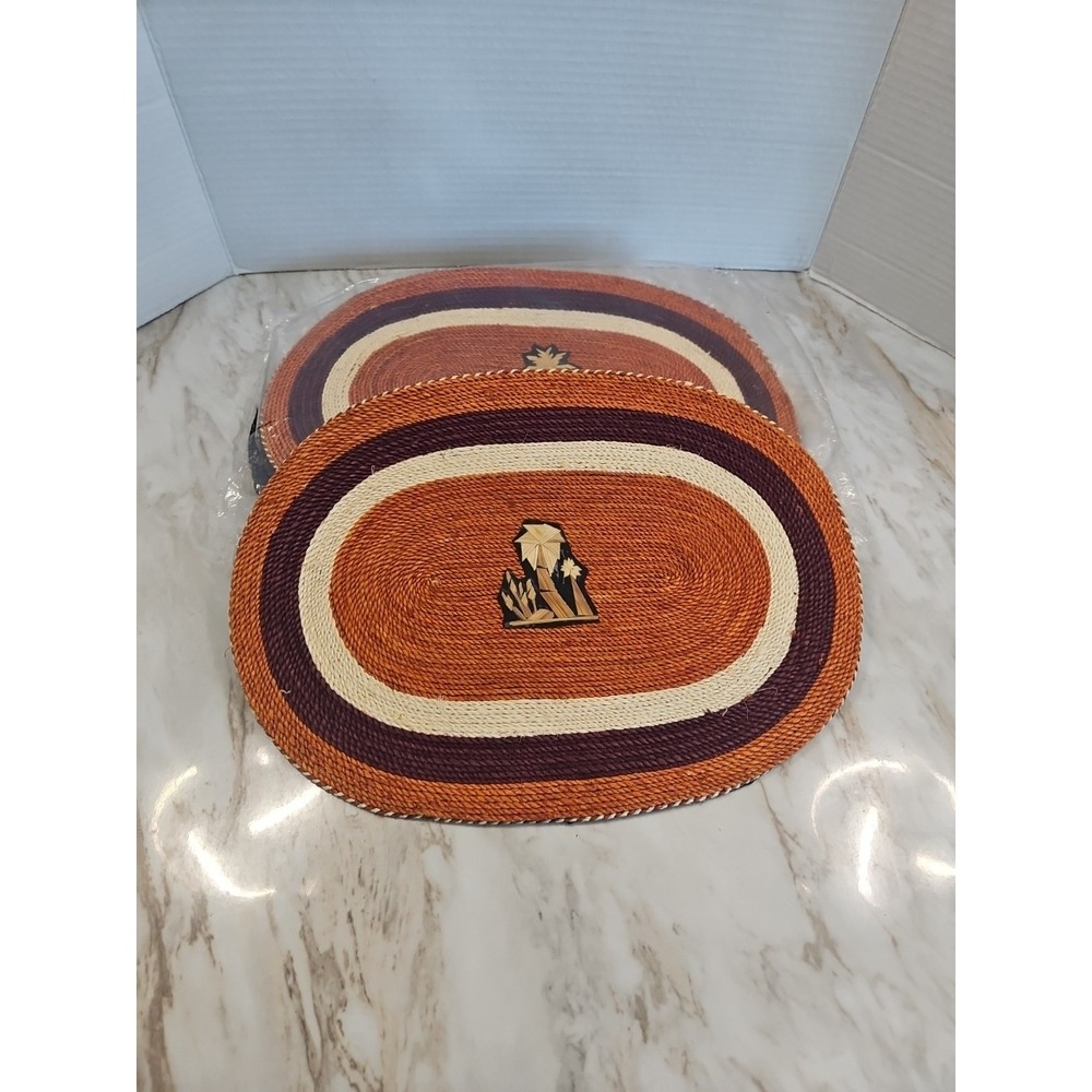 Vintage Boho Handmade Straw Woven Placemats Mexico Burnt Orange Decor